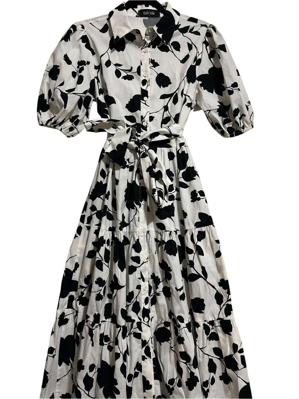 fab'rik Black & White Floral Maxi Dress with Tie Waist